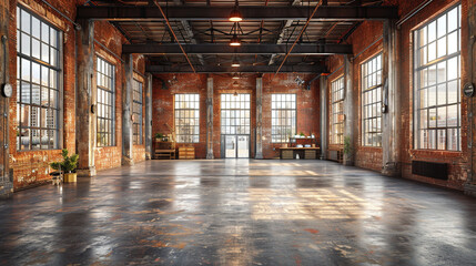 Naklejka premium Industrial loft style empty old warehouse interior,brick wall,concrete floor and black steel roof structure