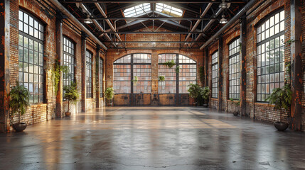 Industrial loft style empty old warehouse interior,brick wall,concrete floor and black steel roof...
