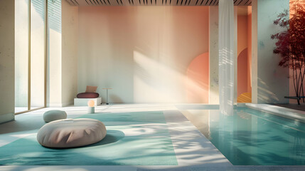 A clean and minimalist room adorned with bursts of vibrant jade and coral, creating a captivating...
