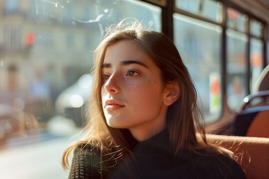 The back profile of a pensive young woman looking out the window of a bus on a sunny day