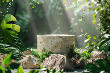 Eco-Friendly Elegance: Mockup for Product Photography Featuring a Pedestal Crafted from Natural Elements, Set Amidst Lush Nature