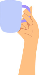 A hand holding a blue cup. Transparent background. Vector illustration