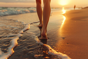 The girl's legs close up. Barefoot on the sand and the sea shore. A girl's feet a woman walks along the coast of the sea. lifestyle
