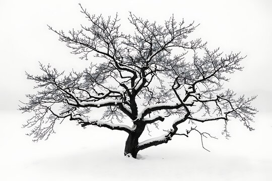 : A high-contrast black and white image of a tree in winter, with contrasting branches and snow,