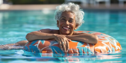 Relaxed senior woman with glasses on floral inflatable in pool - obrazy, fototapety, plakaty