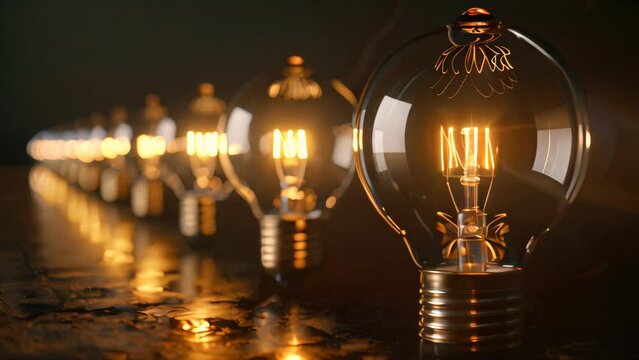Row of illuminated vintage light bulbs in a dark room. Selective focus photography. Technology and innovation concept 