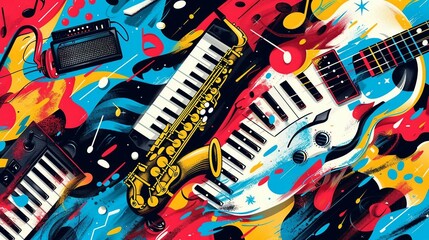 colorful music-themed background with stylized  musical icons. headphones, piano keys, saxophones, and electric guitars, arranged in a visually engaging composition. 
 - obrazy, fototapety, plakaty