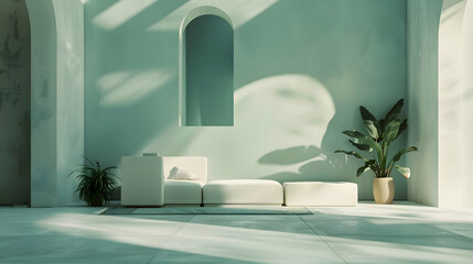A minimalist haven accentuated by bursts of vivid jade and coral, creating a dynamic and visually...