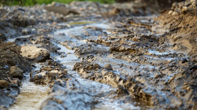 Muddy Road With Rocks and Water Flowing