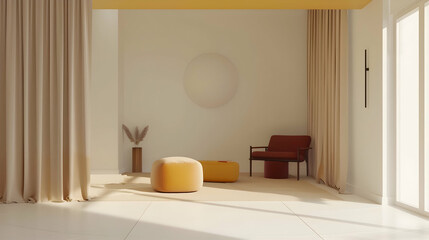 A minimalist haven accentuated by bursts of vibrant burgundy and saffron, creating a dynamic and visually stimulating atmosphere against the serene white backdrop