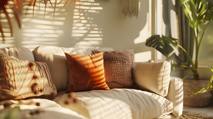 close-up image of a beige fabric sofa adorned with terra cotta pillows, set against the backdrop of a modern living room with boho-style interior design.