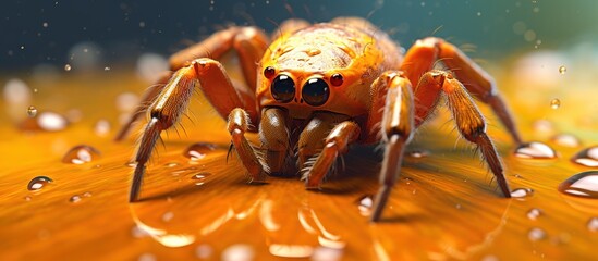 close up view of spider with water drops background