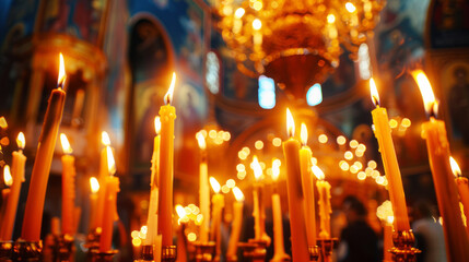 Background orange candles easter burn in orthodox temples.