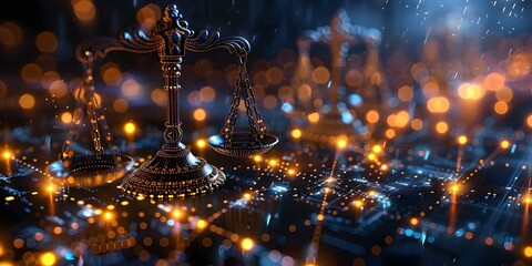 Scales of justice against a digital backdrop symbolizing the intersection of law and technology in modern society. Concept Law and Technology, Digital Justice, Modern Society, Intersection of Law