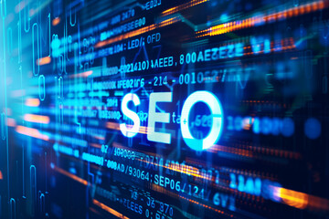 The letters SEO displayed in electric blue in a modern digital interface with blue and orange characters, representing the complexity of search engine optimization on the Web
