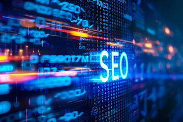 The letters SEO displayed in electric blue in a modern digital interface with blue and orange characters, representing the complexity of search engine optimization on the Web - obrazy, fototapety, plakaty