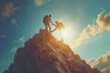 Silhouette of man helping friend reach top on mountain, team work and trust concept , sunlight background, Ai generate. - obrazy, fototapety, plakaty