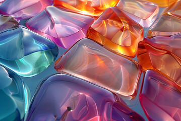 Background of colorful array of glass cubes with a blue background. The cubes are of various colors, including pink, orange, and green