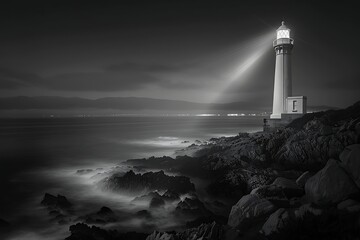 : A lighthouse on a rocky coastline with contrast between the brightly lit lighthouse and the dark coastline - obrazy, fototapety, plakaty