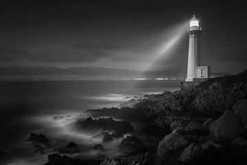  : A lighthouse on a rocky coastline with contrast between the brightly lit lighthouse and the dark coastline © crescent