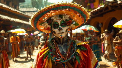 Portrait of a woman wearing mexican hat and skull paint makeup greets people at the Mexican cinco de mayo festival