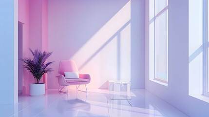 A minimalist haven punctuated by bursts of vibrant fuchsia and azure, casting a radiant and inviting ambiance against the clean white backdrop - obrazy, fototapety, plakaty