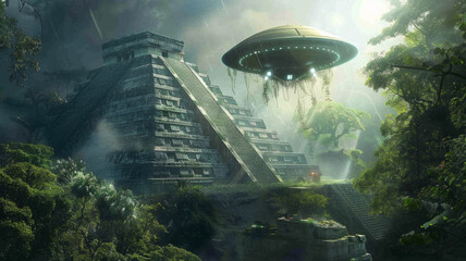 Ancient pyramid with a hovering UFO in jungle - Mysterious UFO hovering over an ancient pyramid in a lush jungle setting evoking a concept of ancient aliens - 771705196