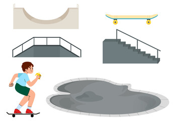 Skate park concept with various ramps vector illustration. roller arena. Teenager boy on skateboard.Young hipster skateboarder.  © galkinkirill