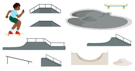 Skate park concept with various ramps vector illustration. roller arena. Teenager boy on skateboard.Young hipster skateboarder.
 - obrazy, fototapety, plakaty