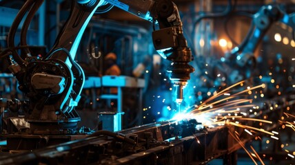 Robotic arm in manufacturing doing welding - Industrial automation with a robotic arm welding metal parts in a manufacturing plant, highlighted by sparks - obrazy, fototapety, plakaty