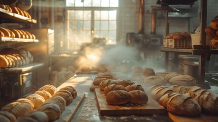 Bakery kitchen, wide shot, artisan breads rising for a warm, inviting industry wallpaper , cinematic