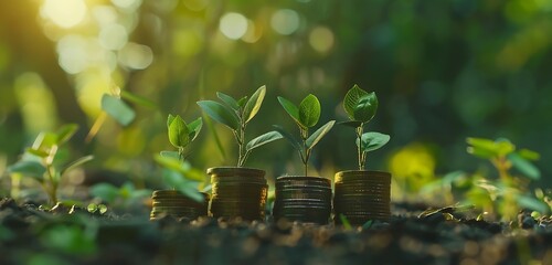 A seedling growing on coins with a natural backdrop, blurry green, money-saving ideas, and economic growth. saving money. Money growth & save concepts. Generative AI - obrazy, fototapety, plakaty