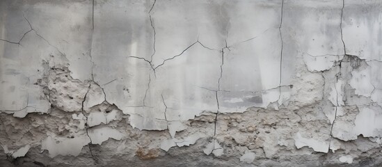 Close up of a cracked concrete wall with peeling paint, resembling a natural landscape with...