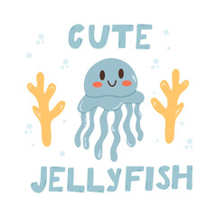 Cute jellyfish . Baby animal concept illustration for nursery, character for children.Marine animals, under sea