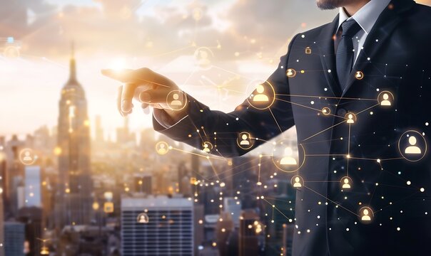 Business administrator in action of manpower or human resource planning or business organization on a virtual dashboard. Generative AI