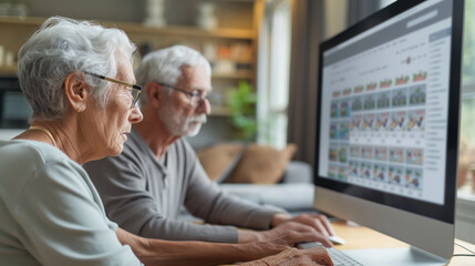 Senior Couple Browsing Digital Photos on Computer in Home Office