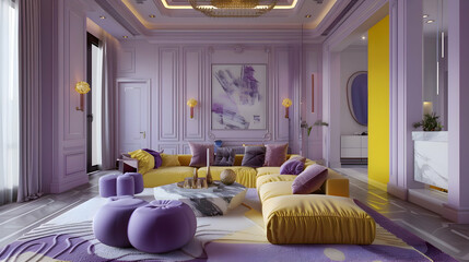 A minimalist sanctuary enlivened by bursts of vivid lavender and chartreuse, adding a playful yet...