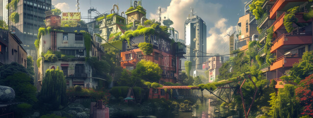 Urban jungle concept with overgrown vegetation on buildings, blending nature and city life. Futuristic cityscape with green architecture design for sustainability and environmental art. - obrazy, fototapety, plakaty