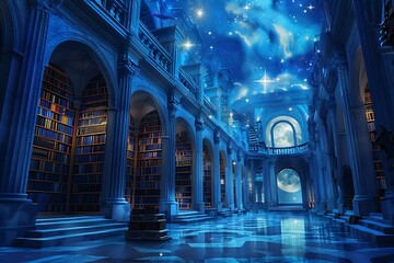 : A majestic library bathed in moonlight, with towering bookshelves reaching for the starry sky.