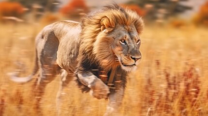 photo lion running with savanna background
