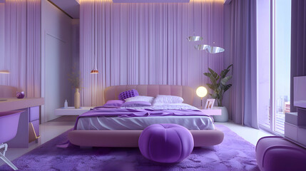 A minimalist sanctuary enlivened by bursts of vivid lavender and chartreuse, adding a playful yet...