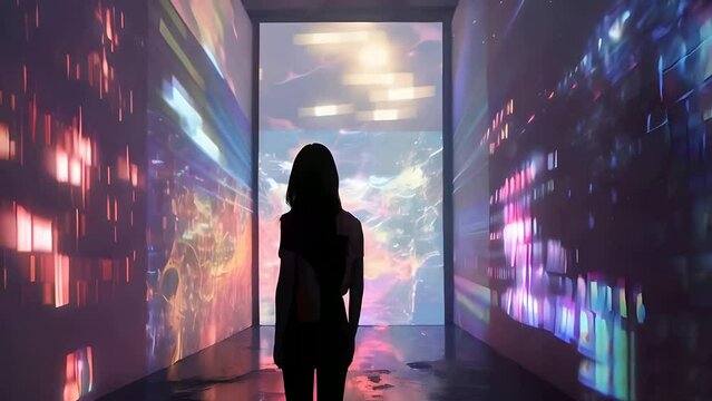 Woman viewing the exhibition and digital content. Art exhibition with augmented reality, virtual museum tour concept