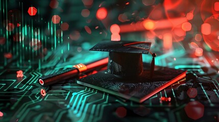 Getting a degree using (AI) artificial intelligence & online. Graduation cap and diploma. Path to success. Future of education.