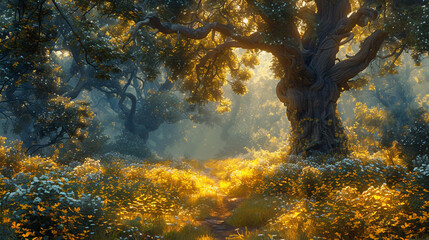 beautiful fairytale enchanted forest with big trees and great vegetation. Digital painting...