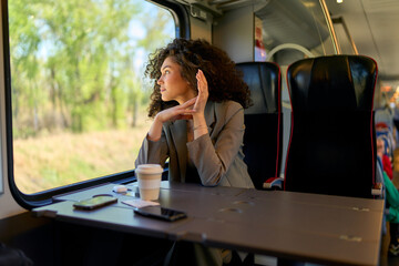 Contemplative woman enjoying the solitude of her train journey, looking out the window with a...