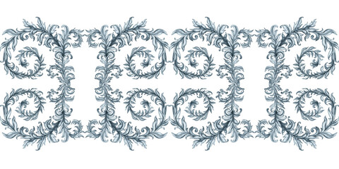 Obraz premium Monochrome gray floral watercolor seamless horizontal pattern with branches and leaves for stylish vintage design, template, banner, sticker, tattoo, background, textile, fabric, scrapbook, invitation