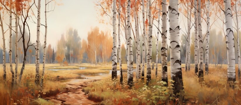 A stunning painting capturing a path winding through a birch forest in autumn, with vibrant colors of foliage and the sky peeking through the canopy of trees