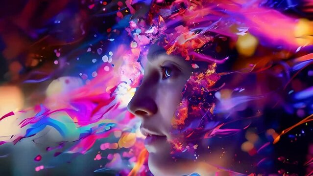 Abstract fantasy portrait of a beautiful woman double exposure with a colorful digital paint splash. Modern collage of bright colors