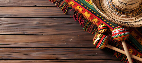 Beautiful Mexican sombrero and maracas on wooden background - obrazy, fototapety, plakaty