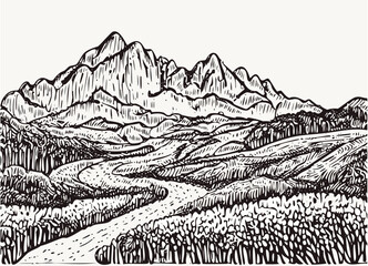 Field landscape pencil drawing. A trail to the mountains hand drawn wallpaper